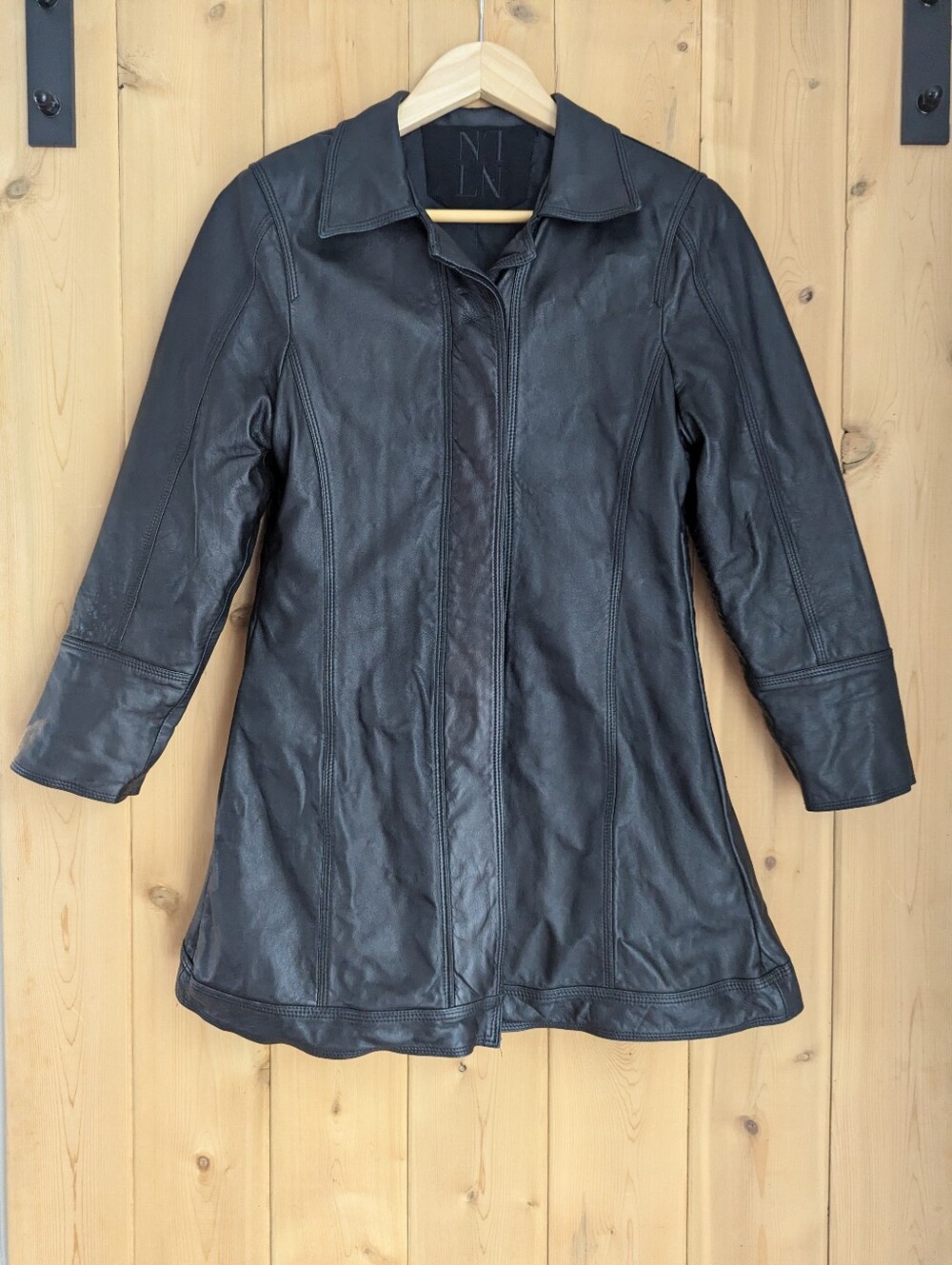 Classic Black Leather Women's Button-Front Coat